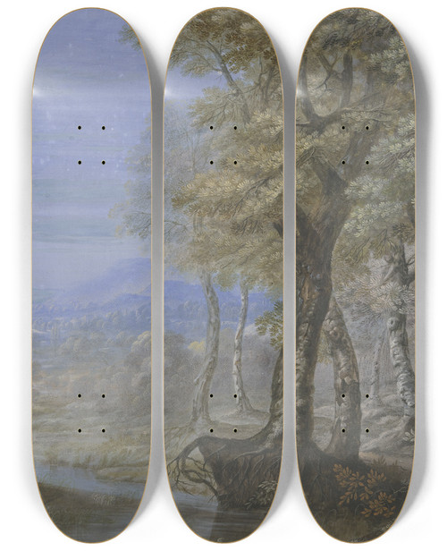 Triptych art skateboard deck of Johann Nikolaus Gassner Sommerlandschaft Mit Durchblick Durch Einen Buchenwald by JOHANN NIKOLAUS GASSNER (1637)