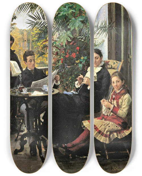 Triptych art skateboard deck of Peder Severin Kryer The Hirschsprung Family Portrait From The Left Ivar Aage Heinrich Oscar Robert Pauline And Ellen Hirschsprung by Peder Severin Kroyer (1851-1909)