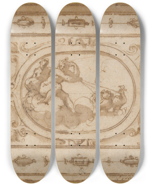 Triptych art skateboard deck of Giorgio Vasari Aurora And Tithonius Study For A Stage Decoration For A Performance Of Aretinos Latalenta by Giorgio Vasari (1511-1574)