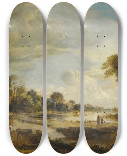 Triptych art skateboard deck of Aert Van Der Neer A River Landscape With Figures And Cattle by Aert van der Neer (1603-1677)