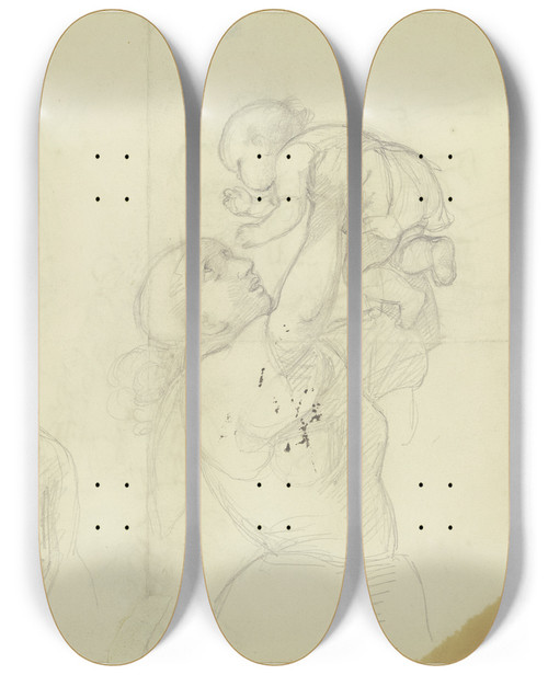 Triptych art skateboard deck of Jakob Becker Studienblatt Jngling Und Eine Frau Mit Kleinkind by Jakob Becker (1810-1872)
