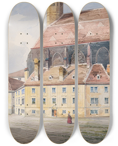 Triptych art skateboard deck of Friedrich Leibold Die Minoritenkirche In Wien by Friedrich Leibold (19-)