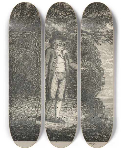 Triptych art skateboard deck of John Wootton Fable Xxxix The Man And The Flea by John Wootton (1686-1765)