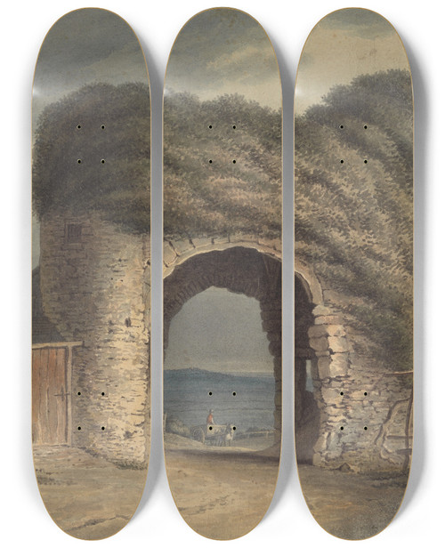Triptych art skateboard deck of Henry Morton Strand Gateway Winchelsea by Henry Morton (1807-1825)