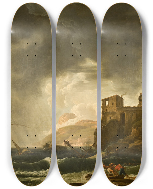 Triptych art skateboard deck of Johan Sevenbom A Shipwreck by Johan Sevenbom (1721-1784)