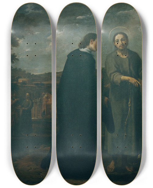 Triptych art skateboard deck of Antoni Viladomat Bernat De Quintaval Distributes His Riches To The Poor by Antoni Viladomat (1678-1755)