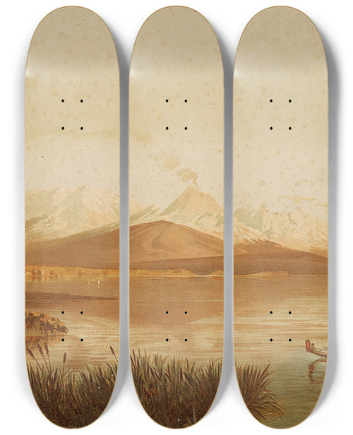 Triptych art skateboard deck of John Gully Mts Ruapehu And Tongariro From Lake Taupo by John Gully (1819-1888)