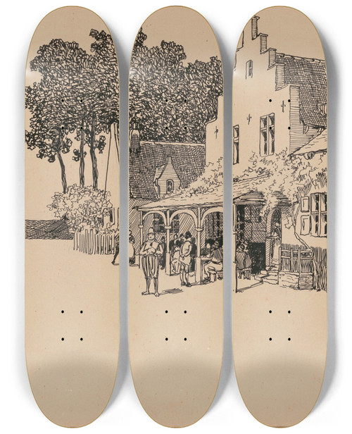 Triptych art skateboard deck of Amede Lynen View Of A Village With A Windmill by Amedee Lynen (1852-1938)