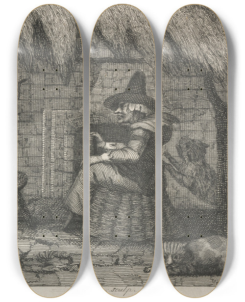 Triptych art skateboard deck of John Wootton Fable Xxiii The Old Woman And Her Cats by John Wootton (1686-1765)