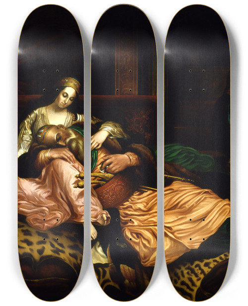 Triptych art skateboard deck of Thomas Buchanan Read Interior Scene With Sultan And Concubine by Thomas Buchanan Read (1822-1872)