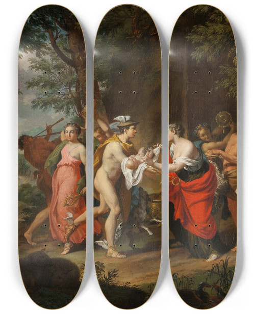 Triptych art skateboard deck of Carl Marcus Tuscher Mercury Confiding The Child Bacchus To The Nymphs On Nysa by Carl Marcus Tuscher (1705-1751)