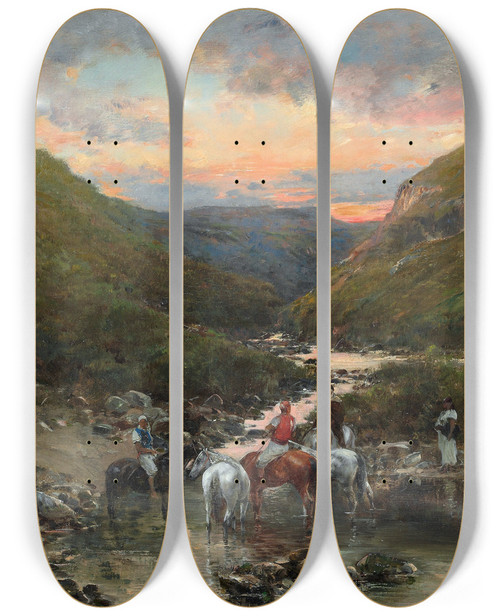 Triptych art skateboard deck of Victor Huguet Ravine Near Biskra by Victor Huguet (1835-1902)