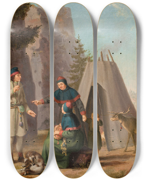 Triptych art skateboard deck of Pehr Hillestrm The Costumes Of The Lapponians by Pehr Hillestrom (1732-1816)