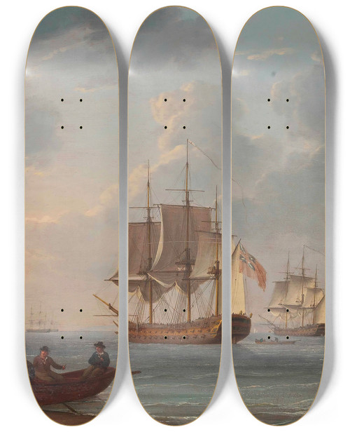 Triptych art skateboard deck of William Anderson Sailors Pushing Off From Shore To Join The Fleet by William Anderson (1757-1837)