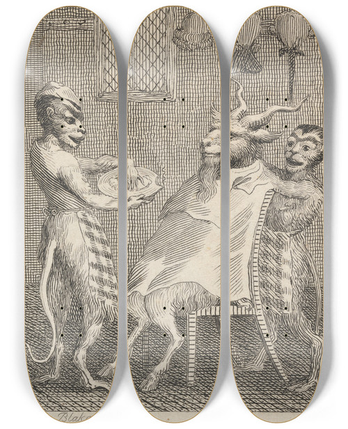 Triptych art skateboard deck of John Wootton Fable Xxii The Goat Without A Beard by John Wootton (1686-1765)