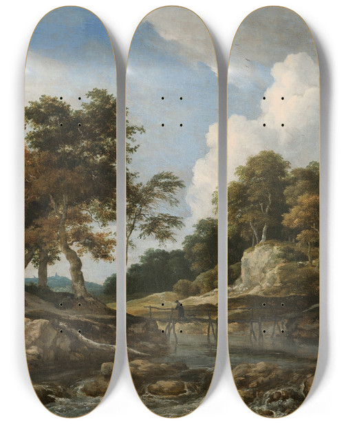 Triptych art skateboard deck of Jacob Van Ruisdael A Wooded River Landscape With A Bridge A Church Beyond by Jacob Van Ruisdael (1628-1682)