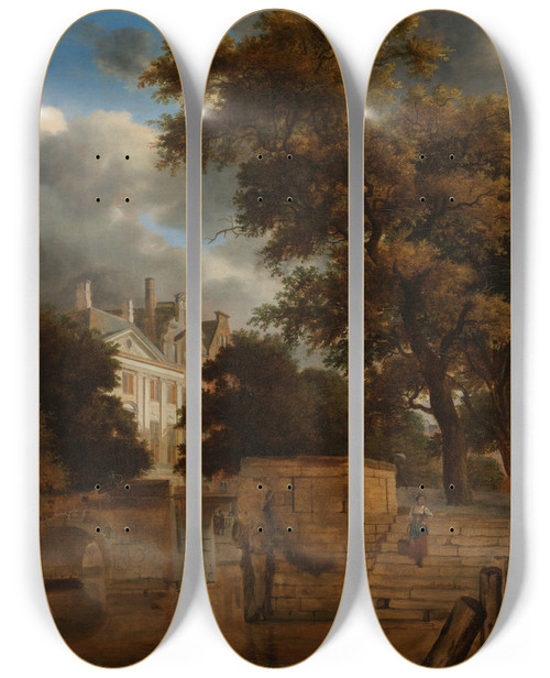 Triptych art skateboard deck of Jan Van Der Heyden The Stone Bridge by Jan van der Heyden (1637-1712)