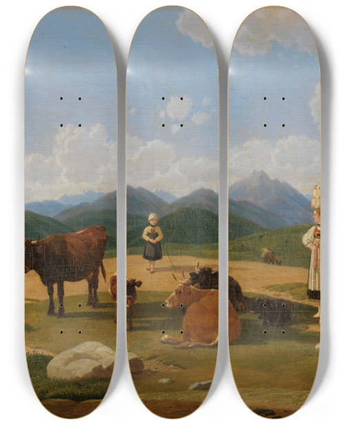 Triptych art skateboard deck of Wilhelm Von Kobell Auf Der Alm by Wilhelm von Kobell (1766-1853)