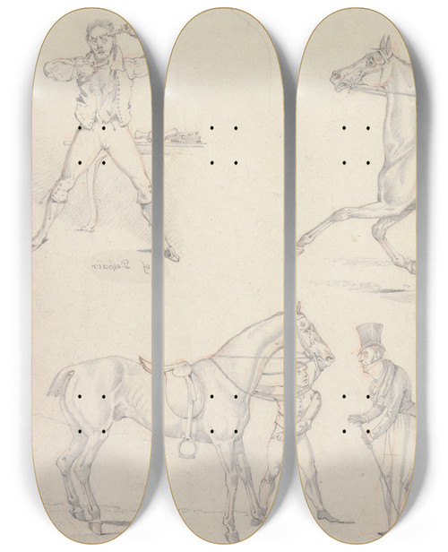 Triptych art skateboard deck of Henry Thomas Alken Symptoms Of To Be Sold Of Despair Of Who Is There Of Sold And Had Him A Week by Henry Thomas Alken (1785-1851)