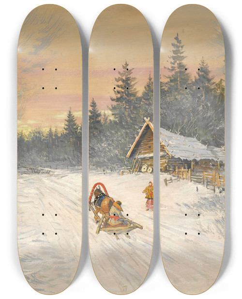 Triptych art skateboard deck of Konstantin Alexeevich Korovin Russian Village Under Snow by Konstantin Alexeevich Korovin (1861-1939)
