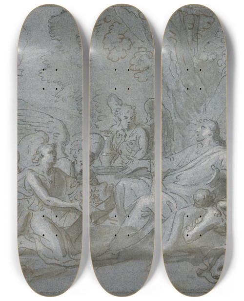 Triptych art skateboard deck of Charles Le Brun Christus Von Vier Engeln Bedient by Charles Le Brun (1619-1690)