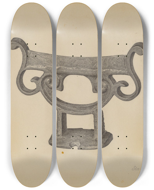 Triptych art skateboard deck of Stanley Chin Foot Scraper by Stanley Chin