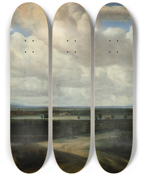 Triptych art skateboard deck of Philips Koninck A Panoramic Landscape With A Country Estate by Philips Koninck (1619-1688)