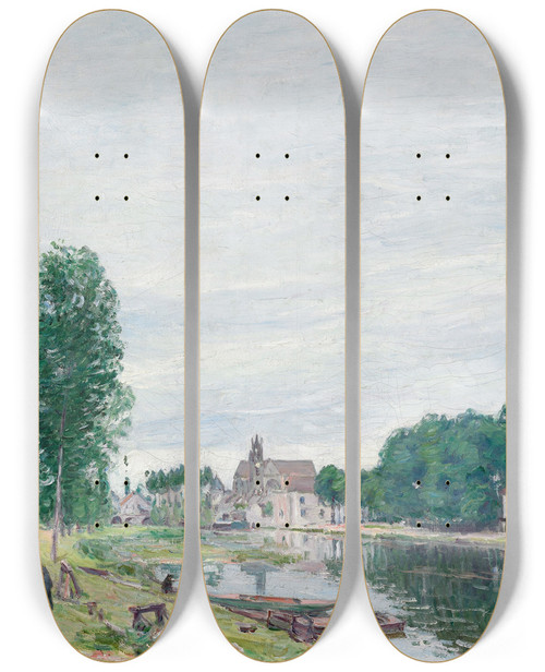 Triptych art skateboard deck of Alfred Sisley The Matrat Boatyard Moretsurloing Rainyweather by Alfred Sisley (1840-1899)