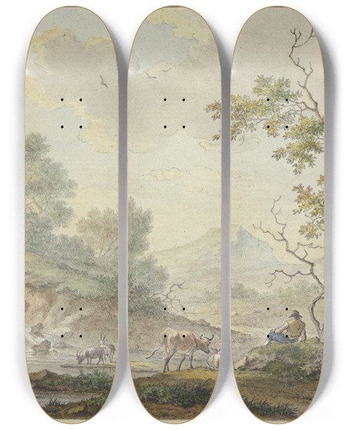 Triptych art skateboard deck of Johannes Christiaan Janson Bei Einem Wasserfall Ein Hirte Mit Einer Kuh Und Ziegen by Johannes Christiaan Janson (1763-1823)