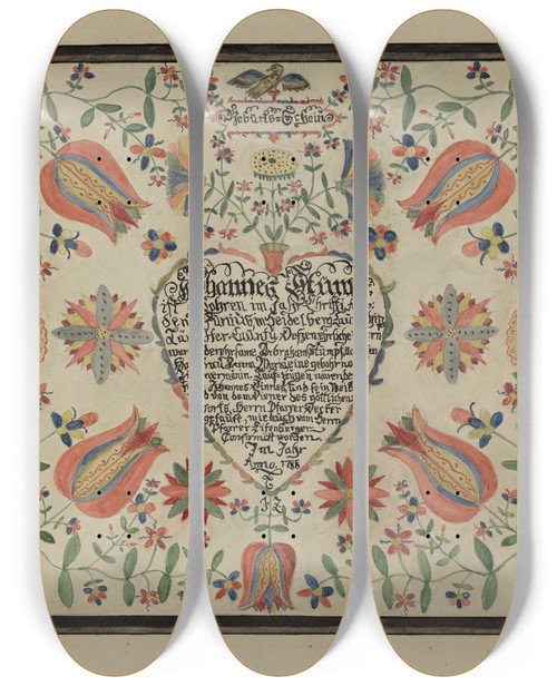 Triptych art skateboard deck of Ruth Thomson Certificate Birth And Baptismal Fractur by Ruth Thomson