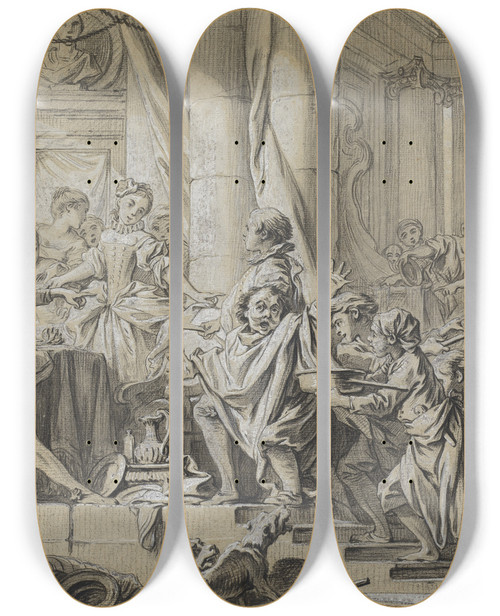 Triptych art skateboard deck of Franois Boucher Sancho Fleeing From The Servants Of The Duke by Francois Boucher (1703-1770)