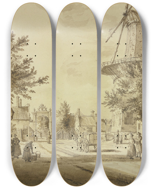 Triptych art skateboard deck of Paulus Constantijn La Fargue Straenansicht Bei Einem Stadttor Rechts Eine Windmhle by Paulus Constantijn La Fargue (1729-1782)