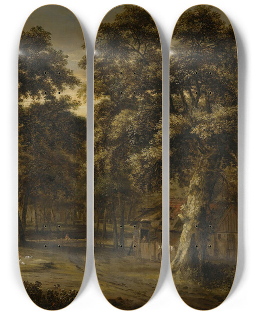 Triptych art skateboard deck of Philips Koninck A Woodland Scene With A Cottage And Figures by Philips Koninck (1619-1688)