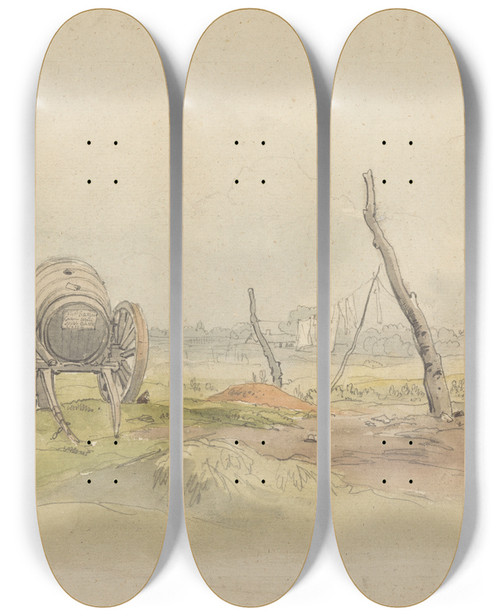 Triptych art skateboard deck of Joshua Cristall Landscape With Water Cart And Clothesline by Joshua Cristall (1765-1847)