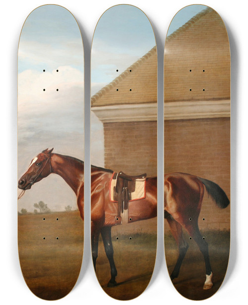 Triptych art skateboard deck of George Stubbs Firetail With His Trainer By The Rubbingdown House On Newmarket Heath by George Stubbs (1724-1806)