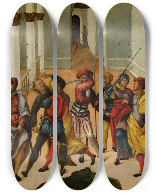 Triptych art skateboard deck of Niccol Giolfino The Murder Of The Magus Smerdis by Niccolo Giolfino (1476-1555)