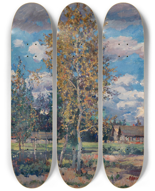Triptych art skateboard deck of Sergei Arsenevich Vinogradov Birch Trees Sunny Day by Sergei Arsenevich Vinogradov (1869-1938)