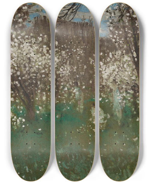 Triptych art skateboard deck of Pierreeugne Montzin Verger En Fleurs by Pierre-Eugne Montzin (1874-1946)