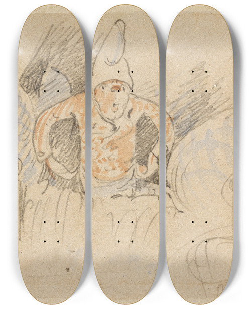 Triptych art skateboard deck of Wilhelm Busch Die Gestrte Aber Glcklich Wieder Errungene Nachtruhe Der Floh 11 by Wilhelm Busch (1832-1908)