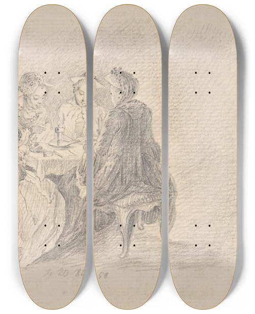 Triptych art skateboard deck of Daniel Nikolaus Chodowiecki Four Ladies Sitting Around A Table Occupied With Needlework Reading And Writing by Daniel Nikolaus Chodowiecki (1726-1801)