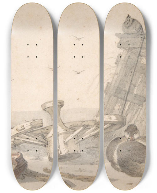 Triptych art skateboard deck of Cornelis Saftleven A Duck Sleeping Near A Broken Wheel In A Farmyard A Chicken Beyond by Cornelis Saftleven (1607-1681)