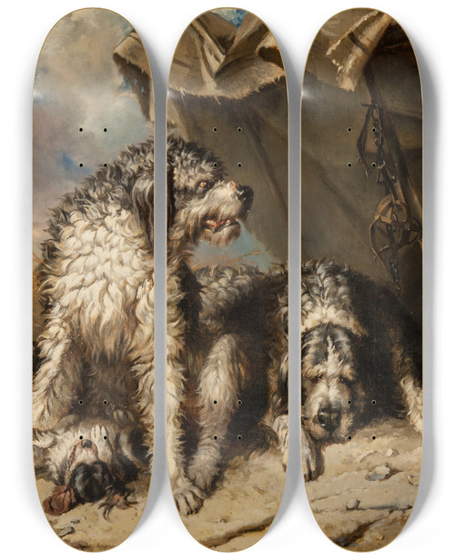 Triptych art skateboard deck of Carl Fredrik Kirboe Dog Family by Carl Fredrik Kiorboe (1799-1876)