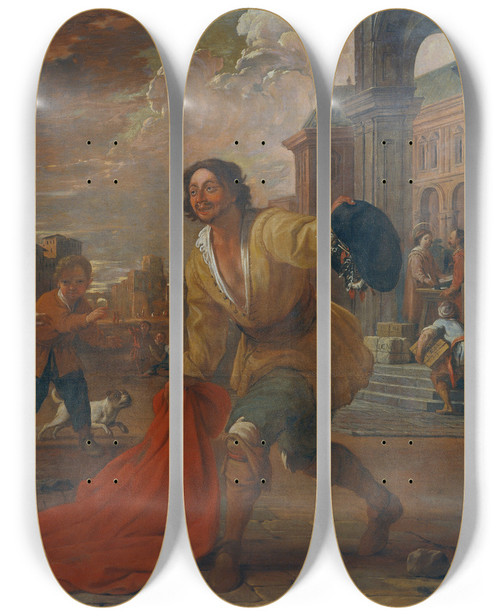 Triptych art skateboard deck of Antoni Viladomat A Simple Man Lays His Cloak At The Feet Of Saint Francis As A Child by Antoni Viladomat (1678-1755)