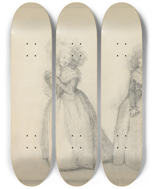 Triptych art skateboard deck of George Dance Two Ladies Standing In Conversation Presumably A Scene From A Play by George Dance (1741-1825)