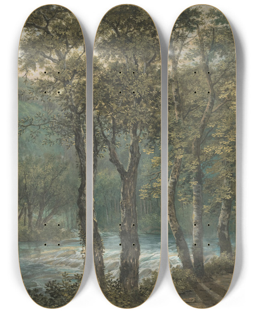 Triptych art skateboard deck of Conrad Gessner Sunlight Filtering Through Trees Along The River Sihl by Conrad Gessner (1764-1826)