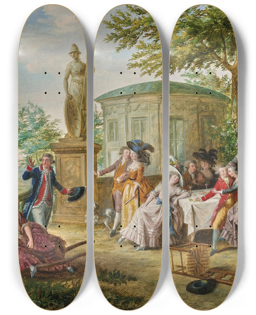 Triptych art skateboard deck of Niklas Lafrensen Elegant Figures Dining In A Classical Garden by Niklas Lafrensen (1737-1807)