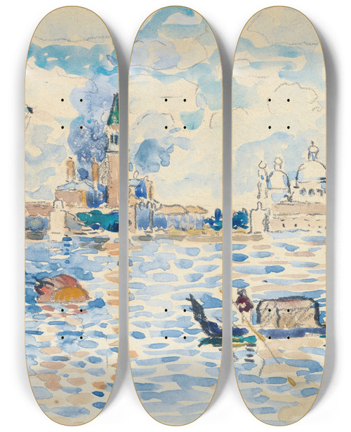 Triptych art skateboard deck of Henriedmond Cross Venise Vue Du Bassin De Saintmarc by Henri-Edmond Cross (1856-1910)