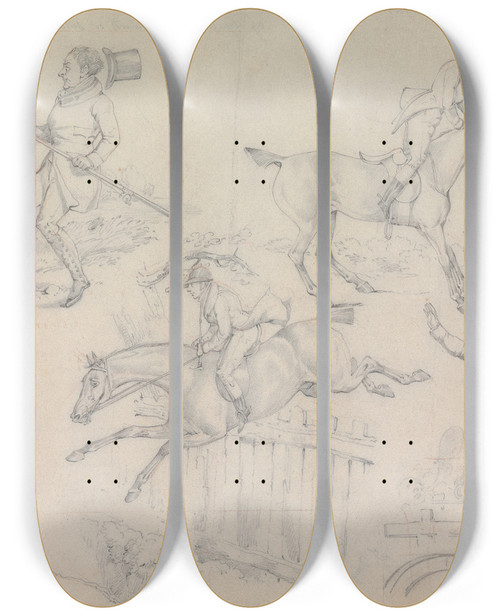 Triptych art skateboard deck of Henry Thomas Alken Symptoms Of Doubtful Amusement Or Craneing Of Anxious Amusement Or Sure Of A Bite Of Public Amusement Or No Taxes Dangerous Amusement by Henry Thomas Alken (1785-1851)