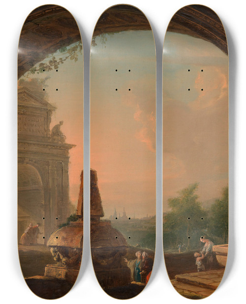 Triptych art skateboard deck of Vinzenz Fischer Phantastische Morgenlandschaft Mit Staffage Durch Einen Torbogen Gesehen by Vinzenz Fischer (1729-1810)