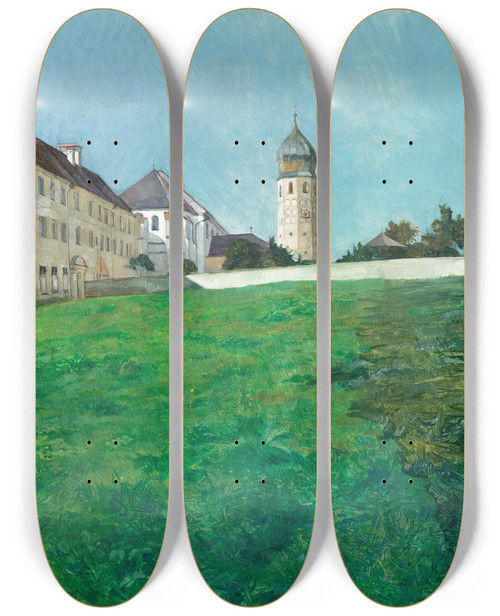 Triptych art skateboard deck of Wilhelm Trbner A View Of Frauenchiemsee by Wilhelm Trubner (1851-1917)